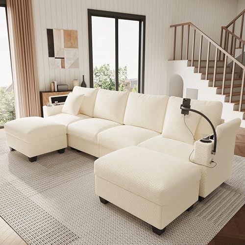 Yihomfy Canapé d'angle en L/U, canapé modulable, canapé d'angle Convertible avec Repose-Pieds, Porte-gobelet, téléphone et Port de Chargement USB, 6 Places en Forme de U en Velours pour Salon,Beige