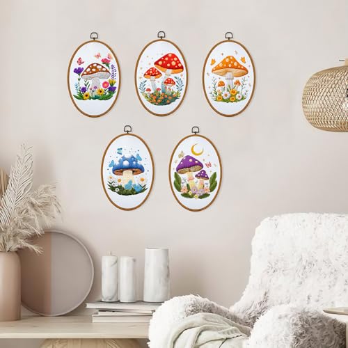 Image of ORIGACH 5 Pack Mushroom Embroidery Kits for Beginners, DIY Stamped Cross Stitch Kit with Mushroom Patterns Hoops Needles Threads and Instructions for Adults Embroidery Craft Lover
