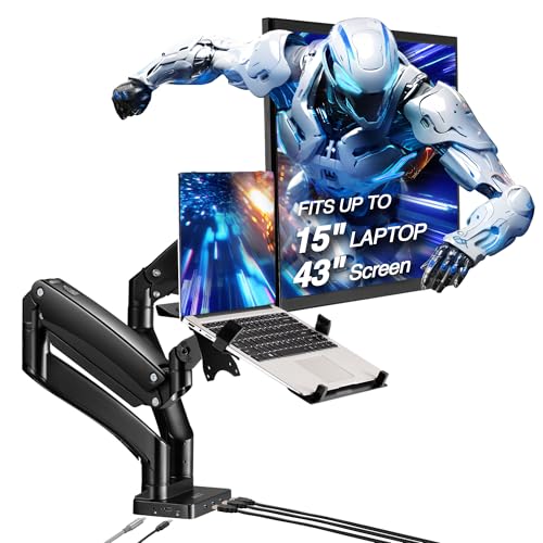 Image of Dual Monitor Arm Desk Mount with 15 inch Laptop Tray & USB-C&A Docking Station | AVLT 17 inch-43 inch HDMI 4K60Hz, Ethernet, Gbps, 100W PD, Fits Two Flat /Curved Monitor - Black