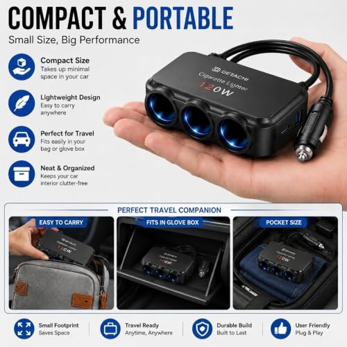 Image of DETAHI Car Cigarette Lighter Splitter with 3 Socket Power Outlet, USB QC 3.0 PD Type C Charging Port, 120W Max Power, 12V-24V Compatible for Car, SUV & Truck (Cable Extension)