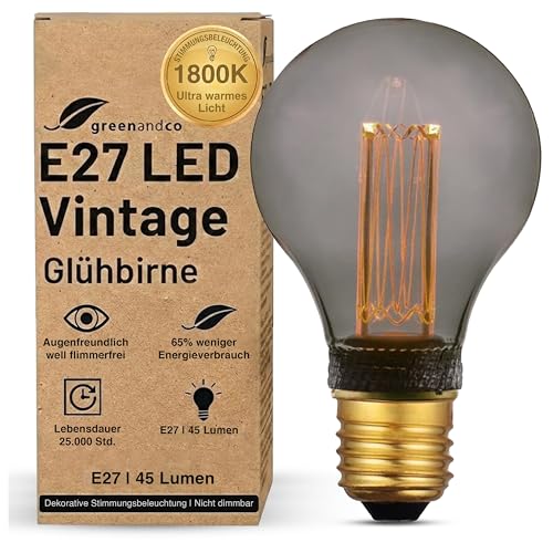 greenandco Vintage Design LED Birne zur Stimmungsbeleuchtung | E27 A60 | smoke | 2W 45lm | 1800K extra warmweiß | 320° | 230V | flimmerfrei | nicht dimmbar | Edison Glühbirne