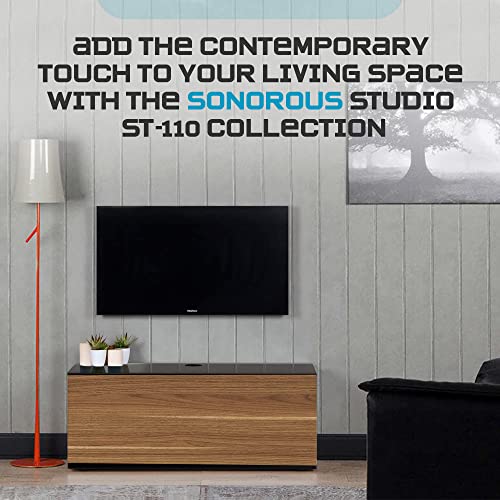 Image of SONOROUS ST-110 Premium TV Stand with Black Glass & Walnut Wood Cover - Modern Entertainment Center & Media Console for Living Room - TV Cabinet up to 65 Inch with Hidden Wheels - Sleek Storage Design