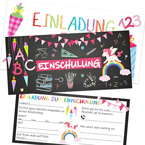 BOYATONG 12 Einladungskarten Einschulung Mädchen, Einladung zur Einschulung, Einladung Einschulung Mädchen, Einhorn Einladungskarten mit Umschlägen, Einschulung Einladungskarten