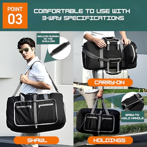 Travel Bag Gym Bag Folding Boston Bag Duffel Bag Carry On Large Capacity 65L Waterproof With Shoe Bag No Logo (Black, 24.8inch×11.4inch×13.8inch)4