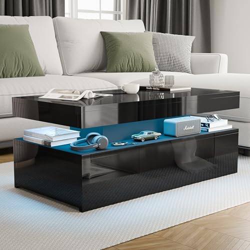 Blisswood High Gloss Coffee Table for Living Room, Rectangle Centre Table with 2 Drawer Storage, Modern Wooden Tea Table with LED RGB Lights for Home, Office & Living Room Furniture - Black