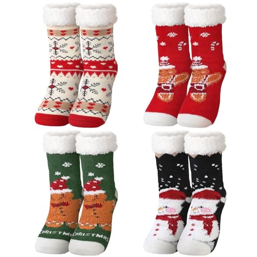 Image of Fourluoo 4 Packs Christmas Fuzzy Slipper Socks Xmas Fluffy Sherpa Thermal Socks with Grippers for Women men