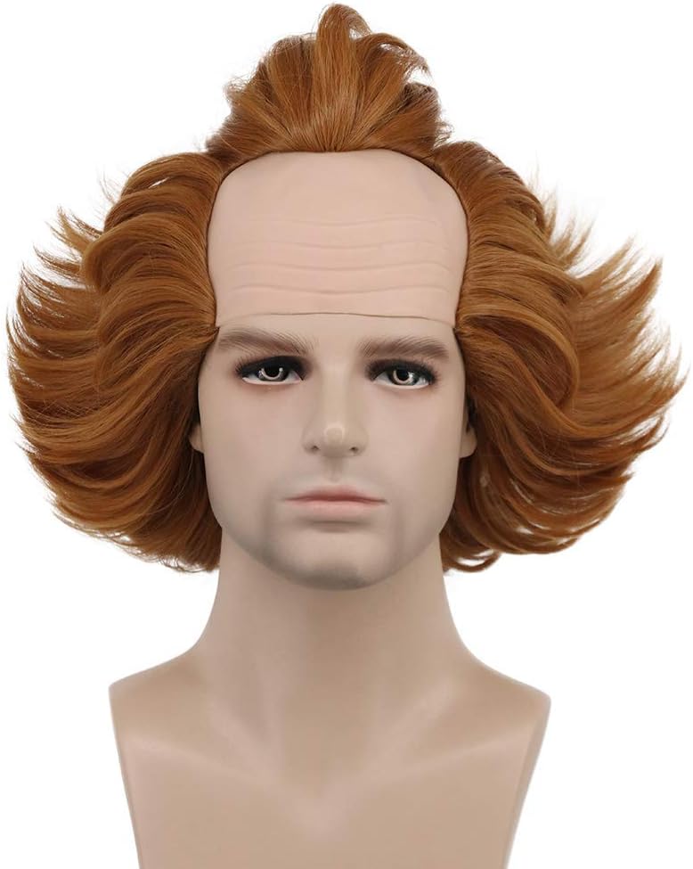 Short Fluffy Brown Curly Bald Horror Anime Adult Wig Halloween Cosplay Costume Anime Wig