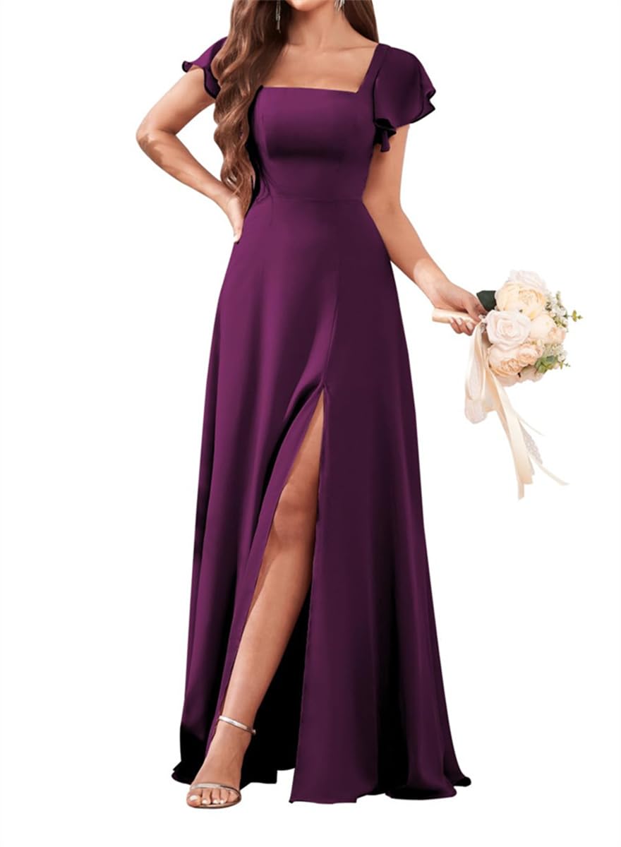 Wseyu Women's Plum Chiffon Bridesmaid Dresses For Wedding With Ruffle Sleeve Long Formal Party Gowns Uk18