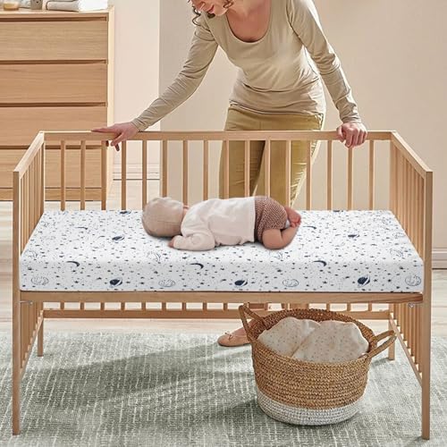 Image of Stars Planets Baby Crib Sheets for Boys Girls Space Fitted Crib Sheet for Standard Crib and Toddler Mattress Moon Baby Mattress Sheets Toddler Bed Sheet 52x28x8 in