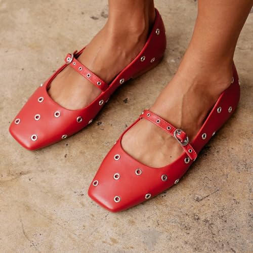 QIV Womens Ballet Flats Studded Mary Jane Flats Shoes for Women Square Toe Dress Casual Comfortable Ballerina Shoes with Buckle Strap2