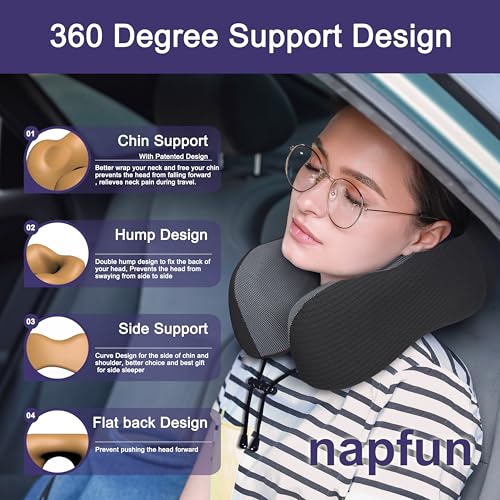 Image of napfun Neck Pillow for Traveling, Upgraded Travel Neck Pillow for Airplane 100% Pure Memory Foam Travel Pillow for Flight Headrest Sleep, Portable Plane Accessories, Charcoal Black
