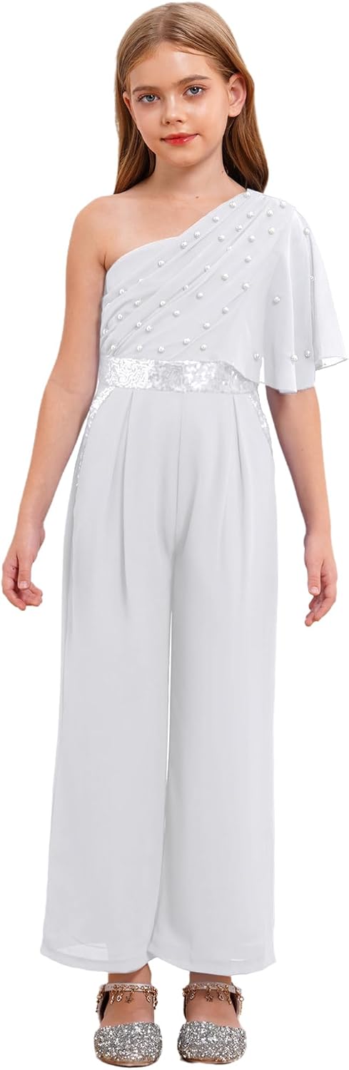 Hularka Kids Flower Girls Dressy Casual Jumpsuits One Shoulder Shiny Sequins Wide Leg One Piece Rompers
