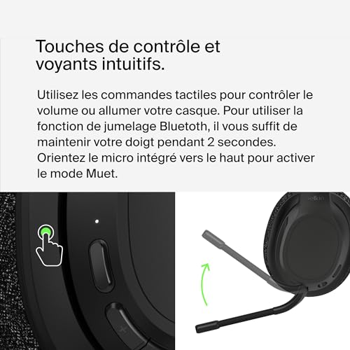 Belkin SoundForm Adapt Casque Bluetooth sans Fil avec Micro, Connexion multipoint, autonomie 65h, ENC, Bluetooth ou câble, Casque Audio pour Travail, Bureau, Ordinateurs PC, Portables, Tablette