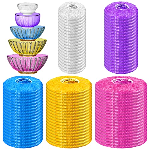 Cunhill 200 Pcs 5 Size Plastic Bowl Covers with Elastic Bulk Reusable Bowl Covers Disposable Food Storage Plastic Wrap for Leftovers Family Outdoor Picnic(White, Purple, Blue, Yellow, Pink)