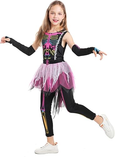 Seasons Disfraz de esqueleto fantasmal colorido de huesos de Halloween para niñas