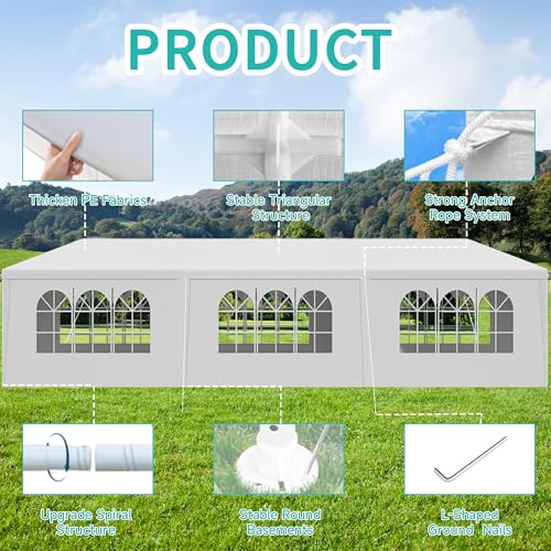 Image of 10x30 White Canopy Tent with 8 Removable Sidewalls and Windows, Waterproof Outdoor Backyard Party Gazebo for Birthday Wedding Graduation BBQ Reunion Markets