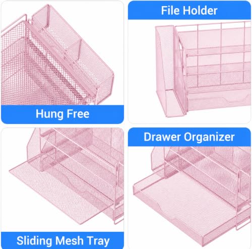 Image of OPNICE Desk Organizers and Accessories, 4-Tier Desktop File Organizer with Drawer and Pen Holders, Office Desk Accessories Workspace Organizers for Office Supplies (Soft Pink)