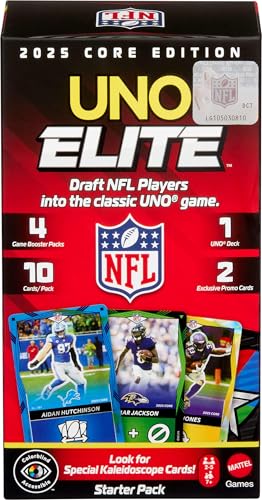 ​Mattel Games UNO Elite NFL Card Game Set, 2025 Officially Licensed Core Edition with Starter Deck, 4 Game Booster Packs & 2 Promo Cards