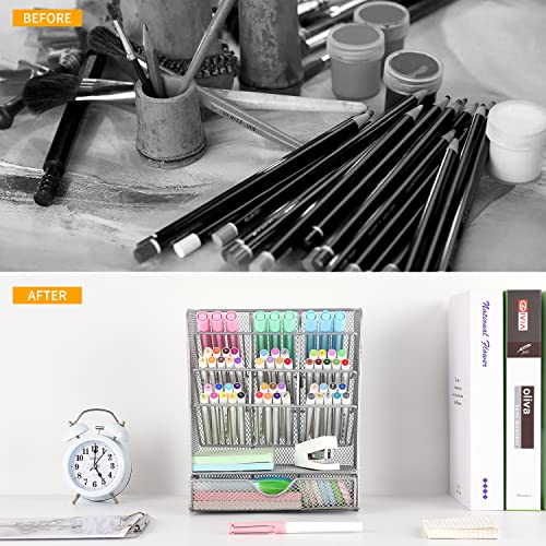 Spacrea Pen Holder Desk Organizer - Desk Organizers and Accessories, Pencil Holder with 10 Compartments and 1 Drawer (Silver)