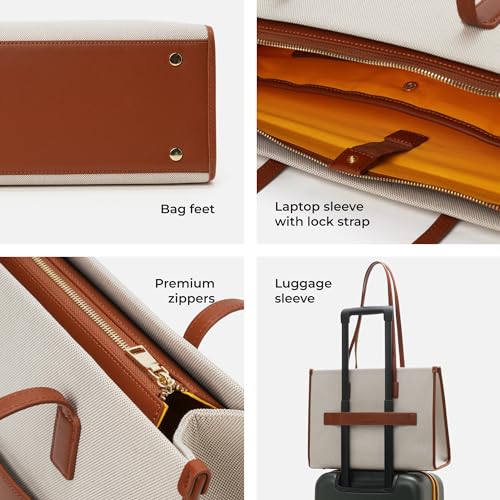Image of MOKOBARA The Skye Tote Bag for Women | Premium Canvas & Vegan Leather Office & Daily Use Handbag | Fits 15 Inch Laptop | Water Resistant Shoulder Bag with Zip Closure | Coconut Cream | Beige