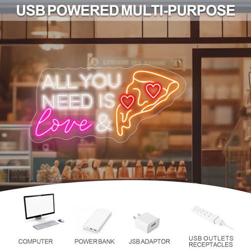 Image of All You Need Is Love & Pizza,Pizza Neon Sign for Wall Decor, Pizza LED Neon Light for Pizzeria, Restaurant, Kitchen, Store, Food Lovers Bedroom Restaurant Shop Party Decoration, 21.26 inchx10.63 inch