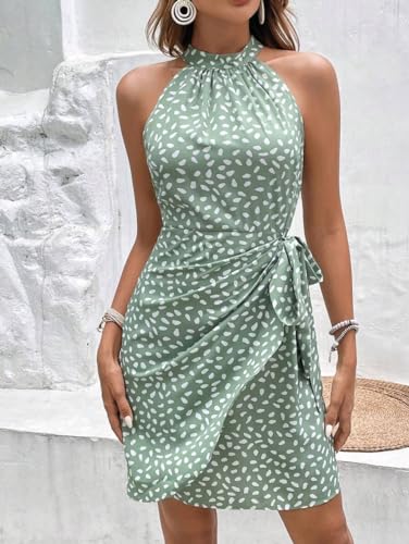 Image of LIGHT DOT Women's Summer Dress Dot Print Halter Neck Tie Waist Casual Zipper Back Sundress Vacation Outfits