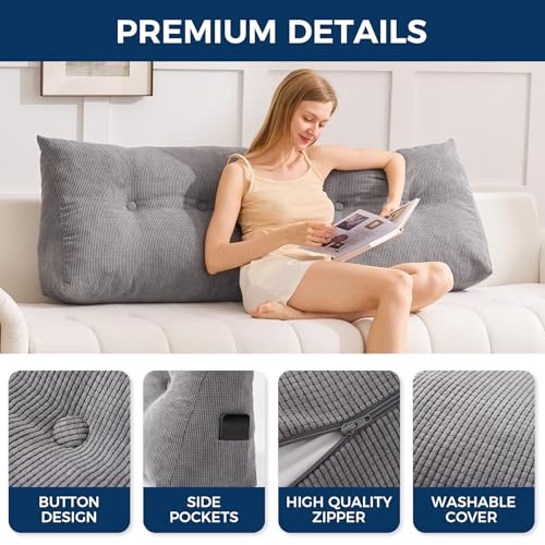 Wedge Pillow Headboard Queen, Triangular Headboard Pillow, Wedge Headboard Pillow for Bed Sofa, Daybed Pillows for Sitting up, Reading or Working with Removable Cover, Dark Grey