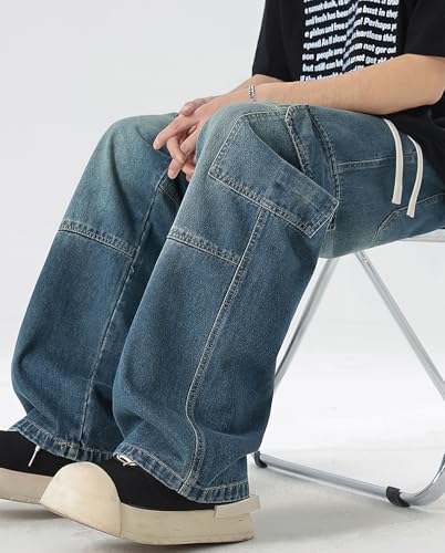 Mens Streetwear Baggy Cargo Jeans Drawstring Waist Loose Fit Hip Hop Jeans Vintage Loose Denim Pants Joggers3
