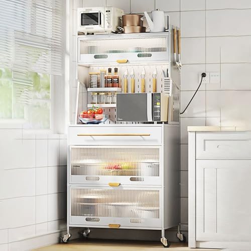 5-Tier Rolling Baker's Rack with Storage, Microwave Stand on Wheels, Flip Door Cabinets & Pegboard, Tall Kitchen Pantry Cabinet with Drawer, Black (31.4 in)