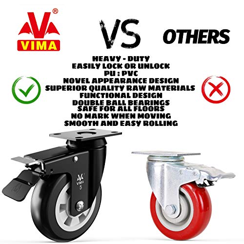 Heavy Duty Plate Caster Wheels 5" Pu No Noise,Premium Polyurethane Double Ball Bearing Steels,Easily Lock Or Unlock -440 Lbs Per Casters (Pack Of 4, 2 Swivel Dual Locking & 2 Swivel) Black Wheel #TOP2