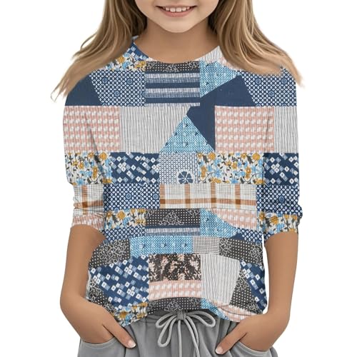 Fall Girls Shirts Trendy 3/4 Sleeve Cute Tops Y2K Floral Print Crew Neck 3/4 Length Sleeve Funny Blouses Outfits 2025