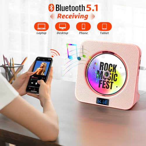 Image of Desktop CD Player with Speakers, ROADOM Bluetooth CD Player with Hi-Fi Stereo Sound, Remote Control, Supports CD /Bluetooth /FM Radio /USB /AUX /Timer /Repeat