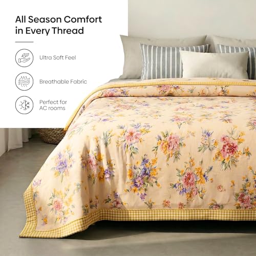 Image of haus & kinder Cotton Dohar for Double Bed Queen Size | Lightweight Summer Blanket AC Dohar | 3 Layer Soft Reversible Cotton Quilt Blanket for Bed | Rose Kawai Brown | 100 x 89 Inches | 144 TC