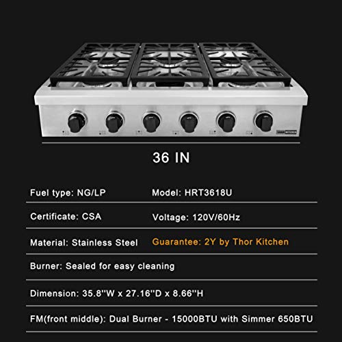 SDADI Kitchen Gas Cooktop 36" Stainless Steel Range top with 1 Dual Burner for Simmer NG/LPG (kit not included) convertible SDRT3601U