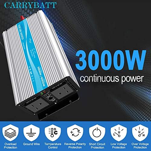 CARRYBATT 3000W Pure Sine Wave Power Inverter DC 12V to AC 240V Converter With Remote Control, dual AC outlets,Dual cooling fans &1 USB Port for RV Truck Car