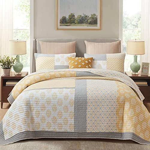 KALOOLA Quilts King Size, 100% Cotton King Size Bedspreads, Yellow Grey Floral Patchwork King Size Quilt Bedding Set, Reversible Lightweight Quilt for King Bed, All Season Use, 3 Pieces
