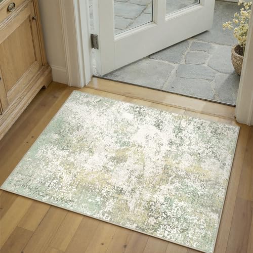 Image of HUGEAR 2x3 Entryway Rug Green Machine Washable Abstract Area Rug Small Rugs Entrance Door Mat Indoor Rugs Modern Low Pile Carpet Kitchen Bedroom Office Non Slip