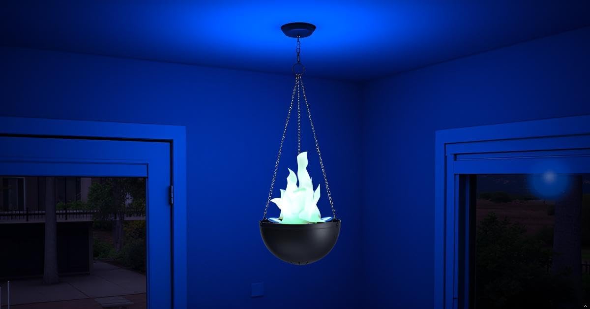 Aspen Creative 61168-24-1,LED Hanging Fire Flame Light Prop for Halloween,Christmas and Party Decor,Black Finish,Blue Flickering Light Effect