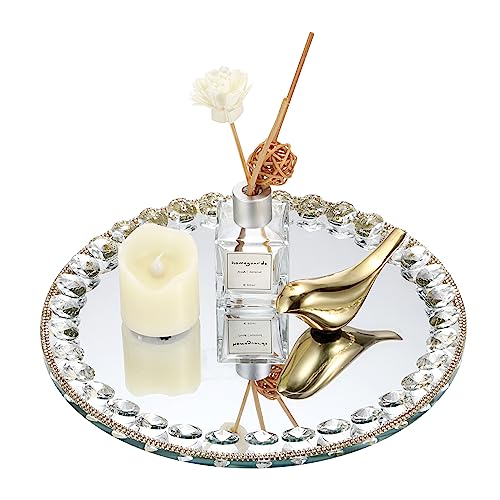 Hipiwe HPWSN00847 Mirror Glass Vanity Tray Sparkling Crystal Perfume Tray Round Decorative Tray Gorgeous Makeup Organizer Tray Jewelry Trinket Tray thumb #8