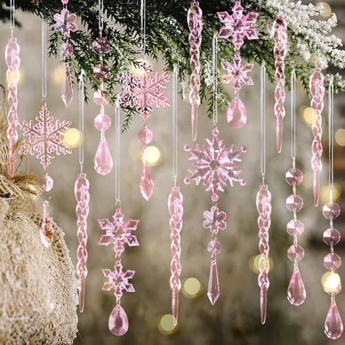 Image of 20pcs Crystal Christmas Ornaments for Christmas Tree Decorations-Light Pink Hanging Acrylic Snowflake and Icicle Ornaments with Drop Pendants for New Year Party Decorations Supplies