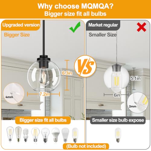 Image of MQMQA 2 Pack Globe Pendant Lights, Mid Century Matte Black Pendant Light Fixtures, Globe Pendant Lights Kitchen Island with Clear Glass Shade Hanging Fixture for Dining Room (Bulbs not Included)
