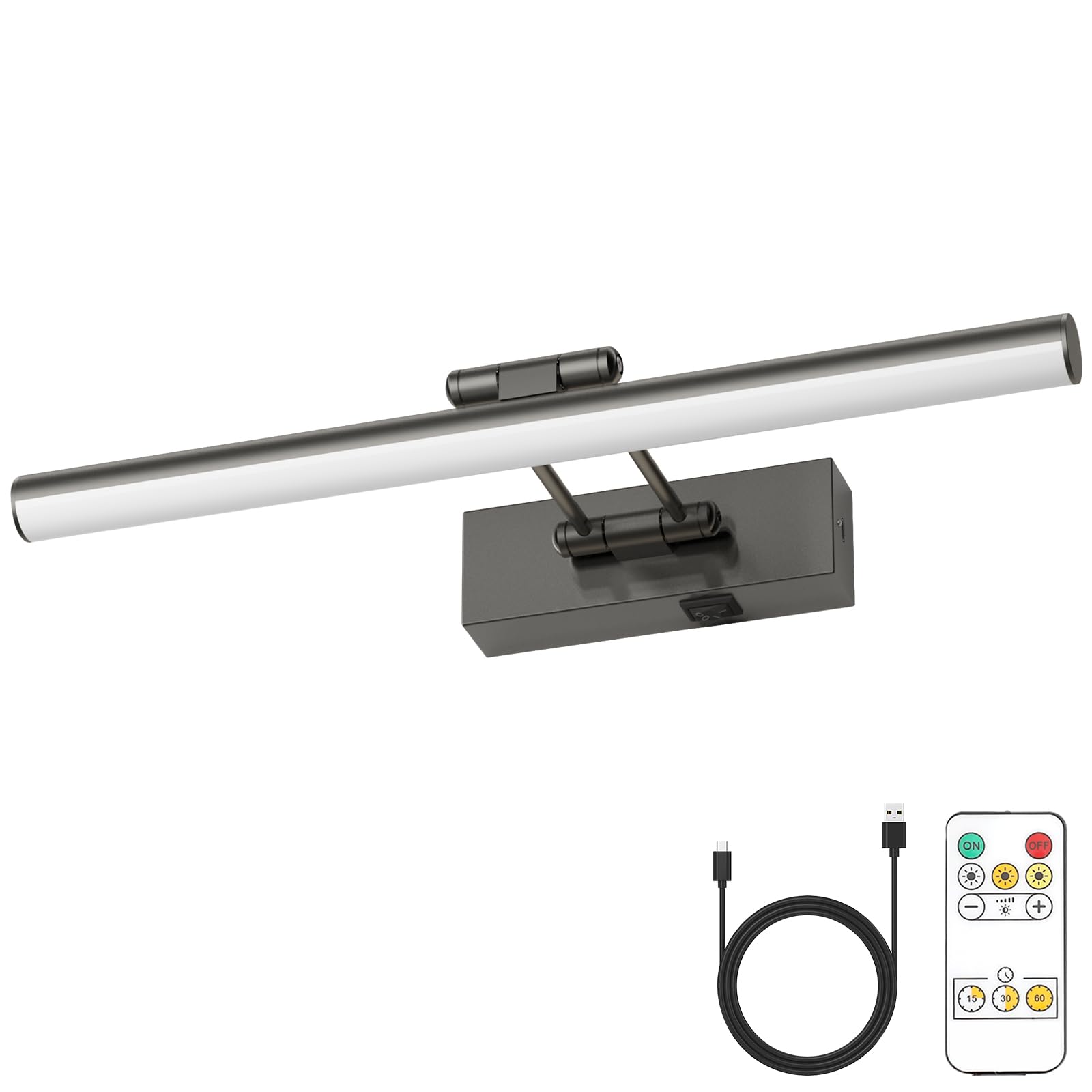 JUSHENG Battery Operated Picture Light with Remote and Timer, Wireless Art Light with Swing Arm, Rechargeable Gallery Lighting Display Light for Frame Artwork-Brushed Grey 16'' Inch