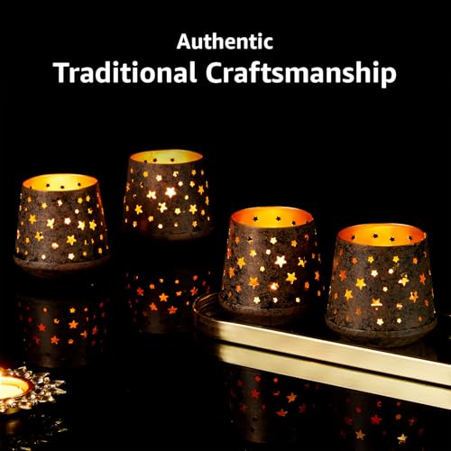 Image of Amazon Brand - Solimo Tea Light Votive - Tapered Star Design, Brown Antique Iron with Gold Interior, Set of 4 (Size: 7 LXBXH)