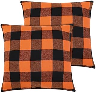 Cootato Halloween Pillow Covers - Set of 2 Buffalo Orange and Black Plaid Throw Pillow Covers, 18 x 18 Inch Cotton Pillow Cover Halloween Farmhouse Cushion Case for Sofa Couch Patio Outdoor Home Decor