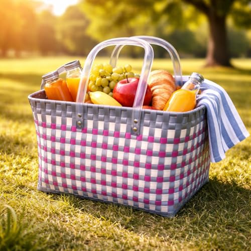 Image of Hand Made Multipurpose Plastic Basket with Lid | Eco-Friendly, Washable, Rust-Free Storage Basket for Kitchen, Picnic, Toys, Travel, Office | Lightweight basket (Pink with Grey, M)