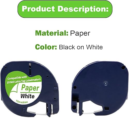 Miniatura 5 de Paquete de 5 cintas adhesivas compatibles con Dymo Letratag 91200 91330 10697 S0721510, papel blanco, 0.472 in x 13.1 ft 12 pulgadas x 13 pies,