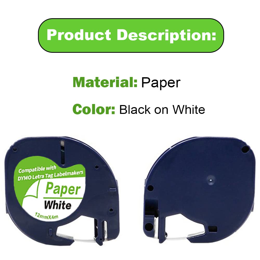 Cintas Dymo LetraTag (5 Unidades) - Negro/blanco 12mm | Compatibles LT100T, QX50