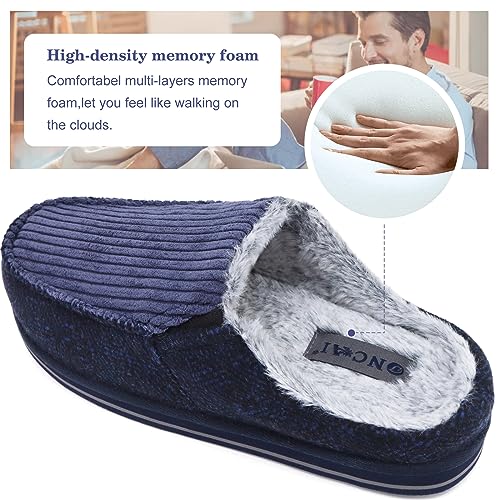Image of ONCAI Mens Clog Slippers with Arch Support Stripe Faux Fur Cotton-Blend High-Density Memory Foam Warm House Slippers Slip-on Indoor Outdoor Rubber Sole Size 7-16