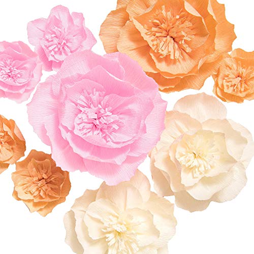 Ling's moment Paper Flower Decorations, 9 X Crepe Paper Peonies(8''-4'' Assorted), Handcrafted Paper Flowers for Wall Party Wedding Backdrop Baby Shower Nursery Centerpieces