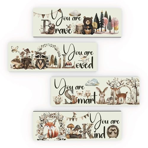 Image of Woodland Forest Nursery Decor Inspirational Motivational Affirmations Positive Quote Wood Plaques Wall Art Decor for Kids Toddler Boys Girls Room Bathroom Classroom Playroom Decor